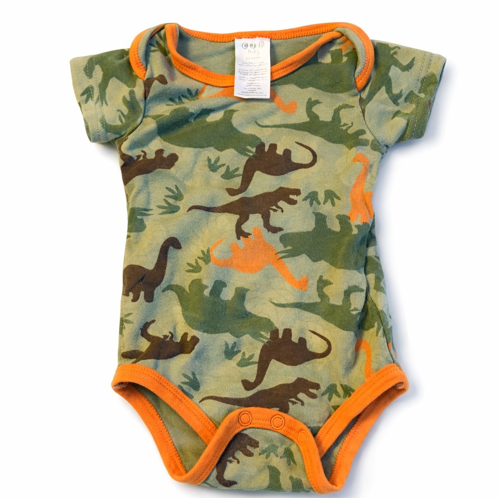 Dinosaur-Print Short Sleeve Bodysuit in Green with Orange Trim